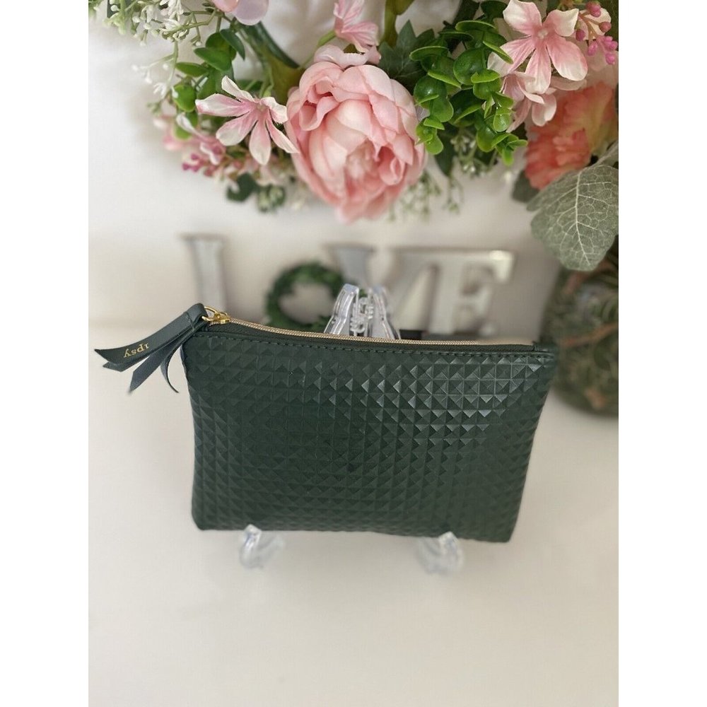 Vintage Ipsy Glam Cosmetics Makeup Bag‎ Dark Green Bag Textured Zippered GUC